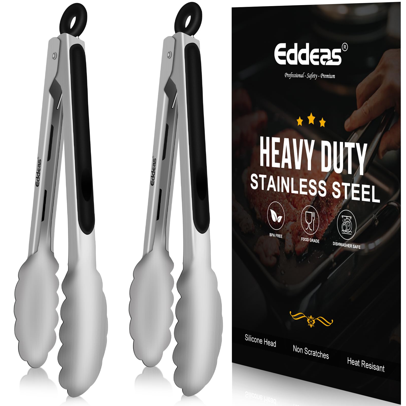 Eddeas 2PCS 9inch Tongs for Cooking - Heat Resistant 600 Degree Kitchen Tongs Heavy Duty Metal Food Tongs Stainless Steel and Non-Slip handle Salad Grilling Barbecue Dishwasher safe
