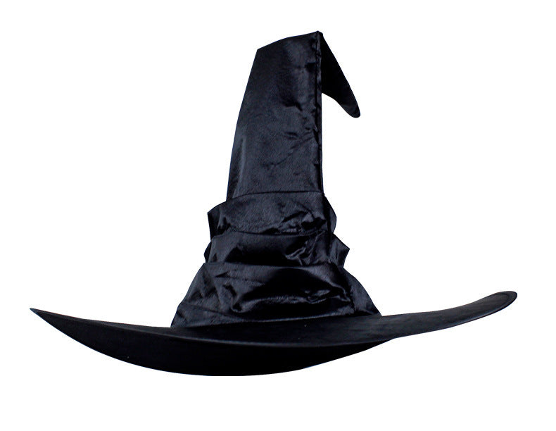 Curved Black Pleated Witch Hat for Halloween